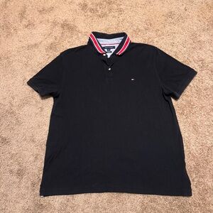Tommy Hilfiger Polo Shirt Mens Large Black Short Sleeve 1/4 Button Logo Casual